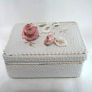 Vintage Pink Rose Trinket Box Raise Dot White - Gold Trim Thames Japan